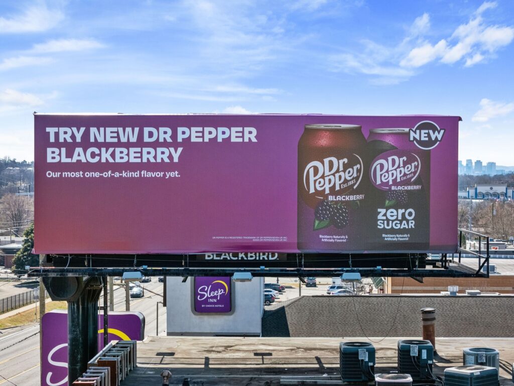 Billboard ad for new Dr Pepper Blackberry flavor with zero sugar.